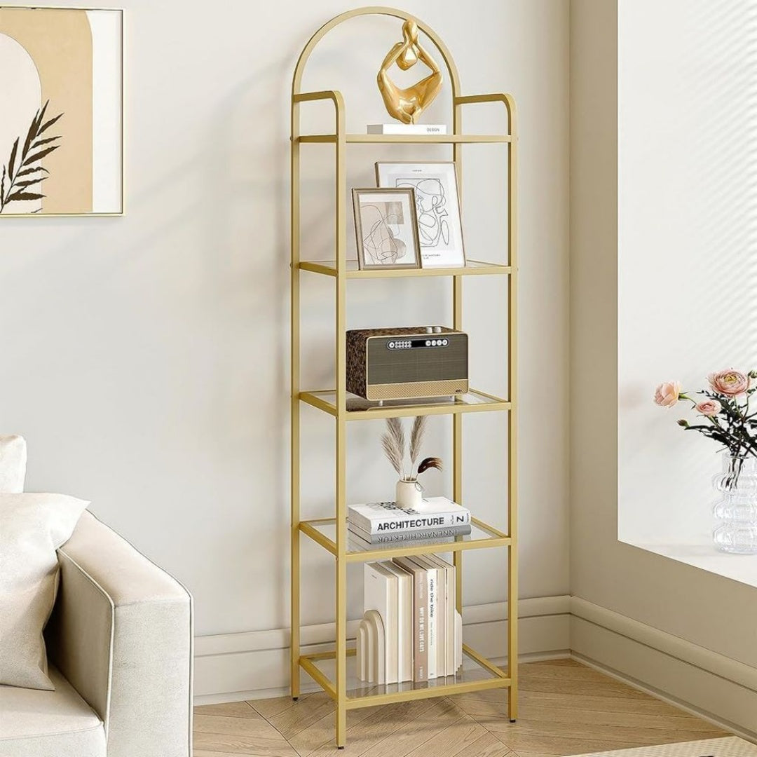 Bibliotheque Dore, Decorez votre piece] Avec ses etageres en verre trempe transparent et son cadre dore