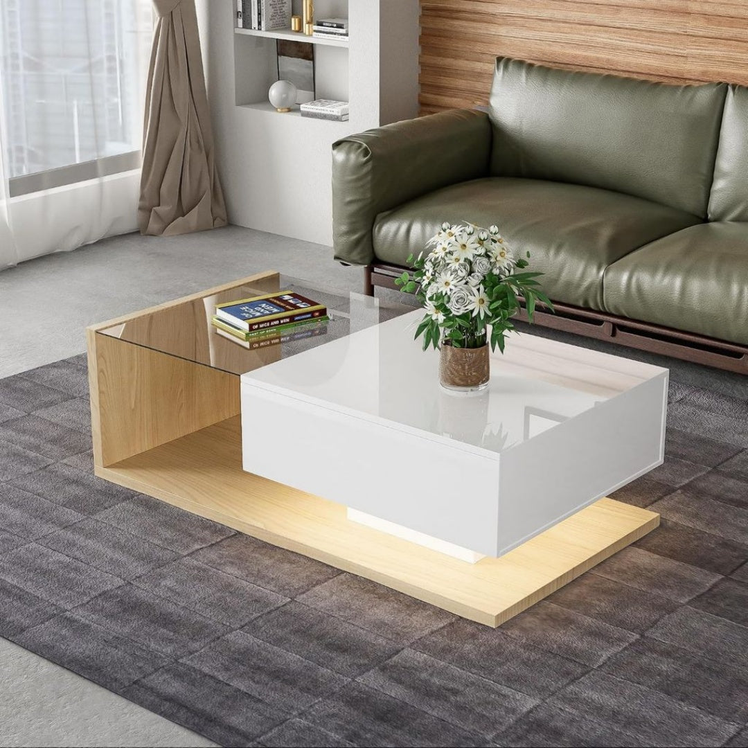 Table Basse en Verre Trempe, Finition Blanc